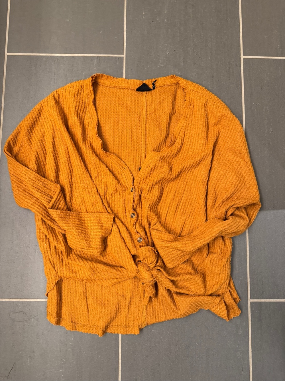 Out from Under Urban Outfitters Button-up Waffle Knit Tie Top in Mustard Yellow